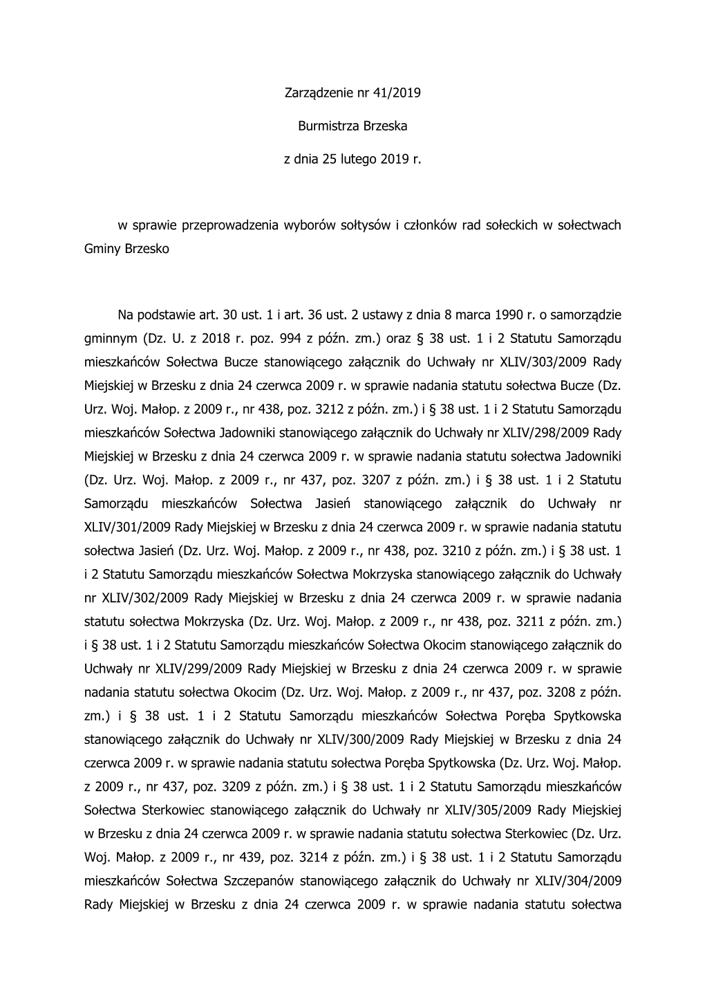 Zarządzenie Nr 41/2019 Burmistrza Brzeska Z Dnia 25 Lutego 2019 R. W Sprawie Przeprowadzenia Wyborów Sołtysów I Członków