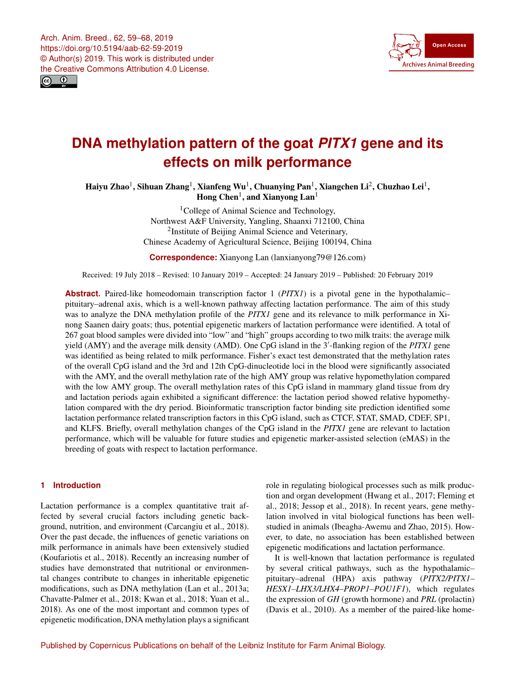 DNA Methylation Pattern of the Goat PITX1 Gene and Its Effects on Milk Performance