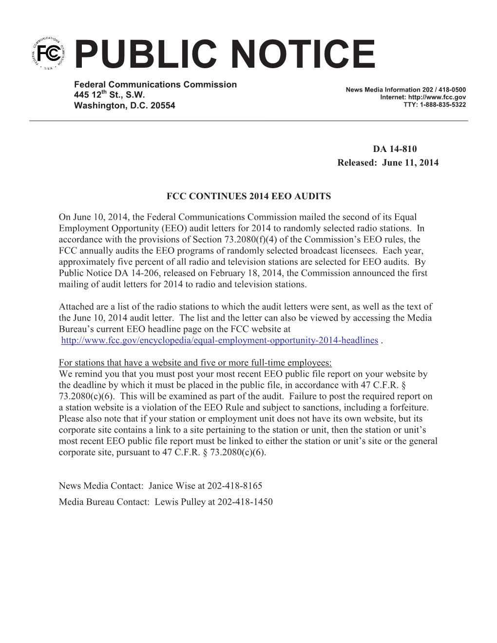 Fcc Continues 2014 Eeo Audits