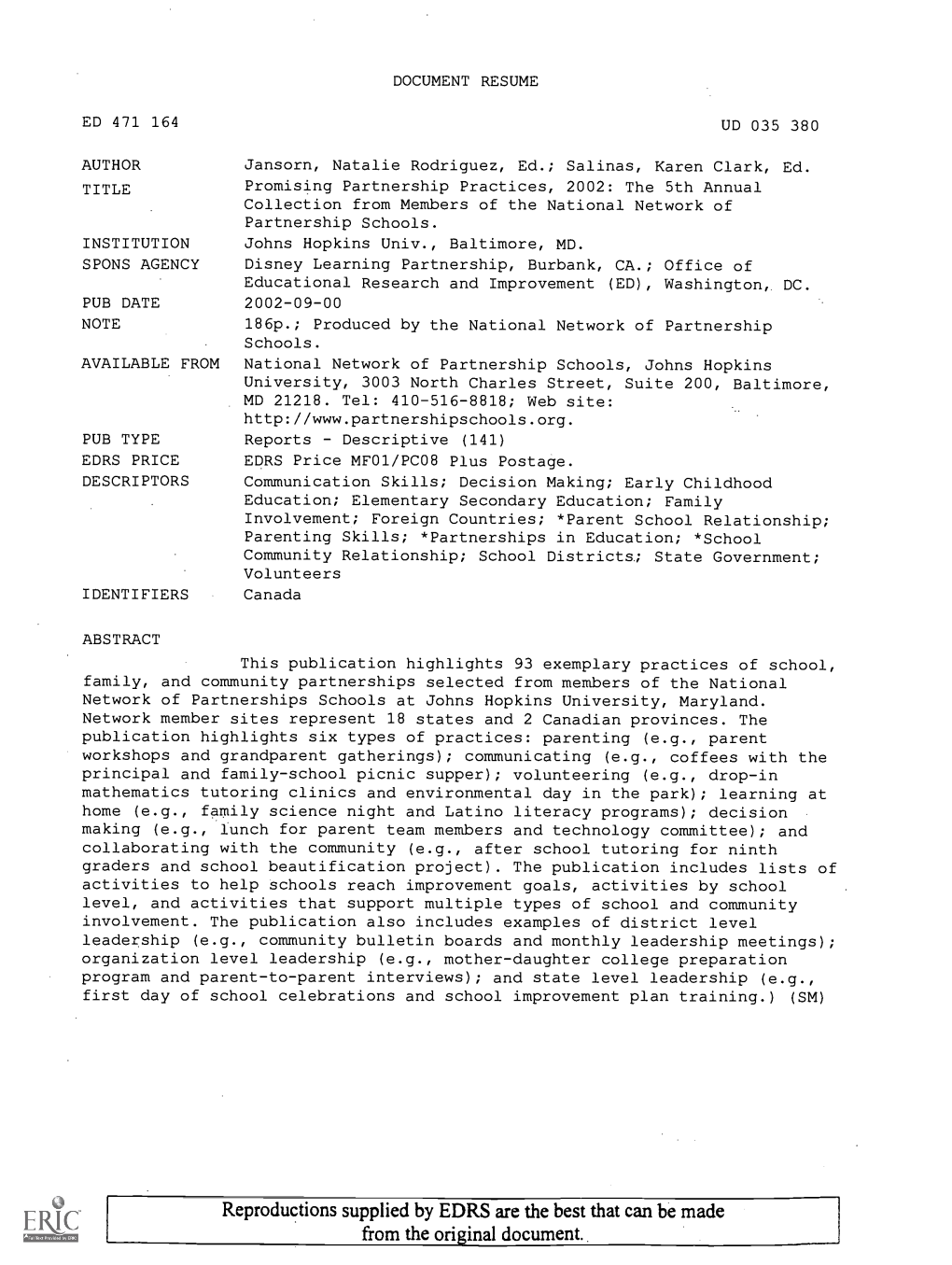 Promising Partnership Practices, 2002: the 5Th Annual Collection from Members of the National Network of Partnership Schools