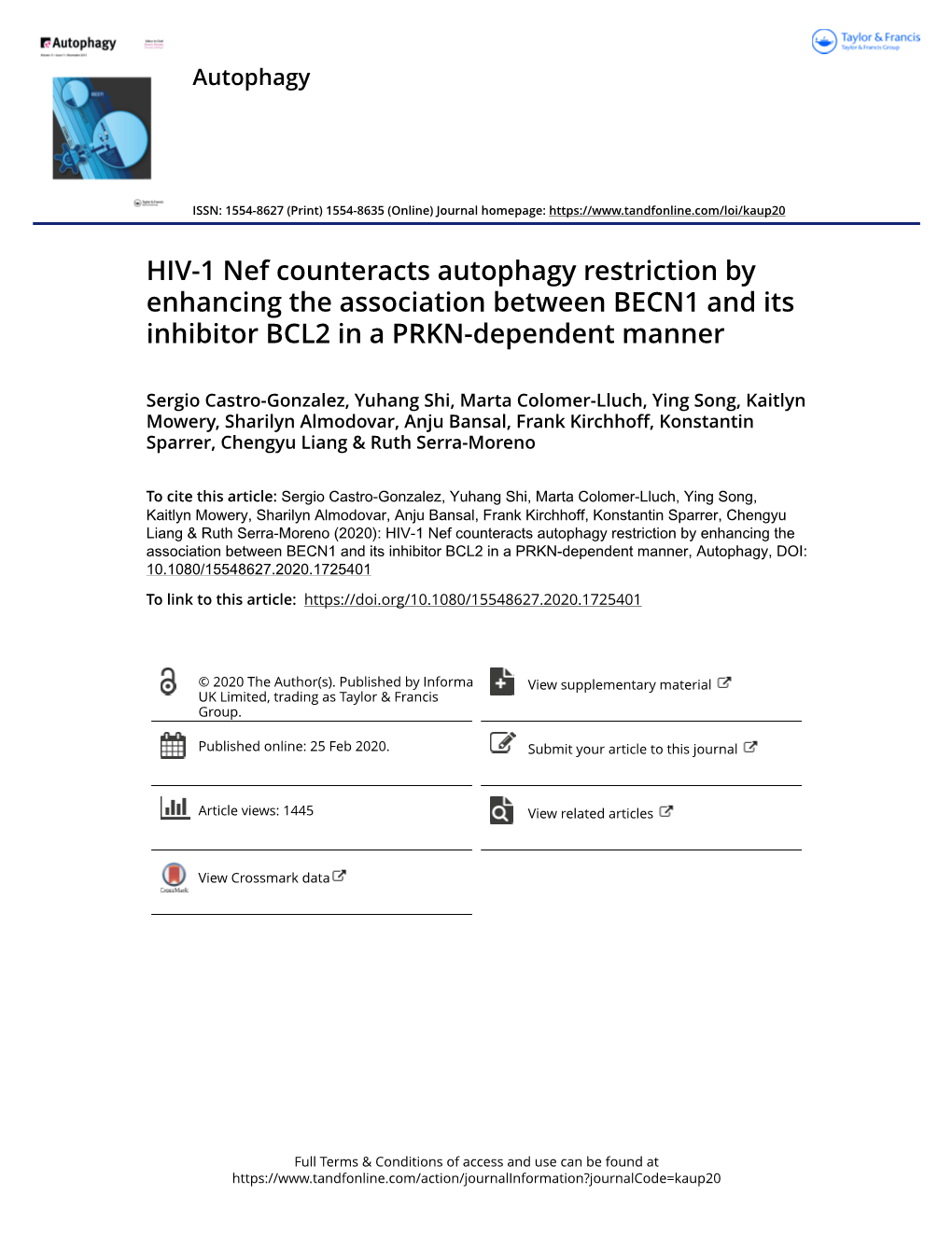 HIV-1 Nef Counteracts Autophagy Restriction by Enhancing the Association Between BECN1 and Its Inhibitor BCL2 in a PRKN-Dependent Manner
