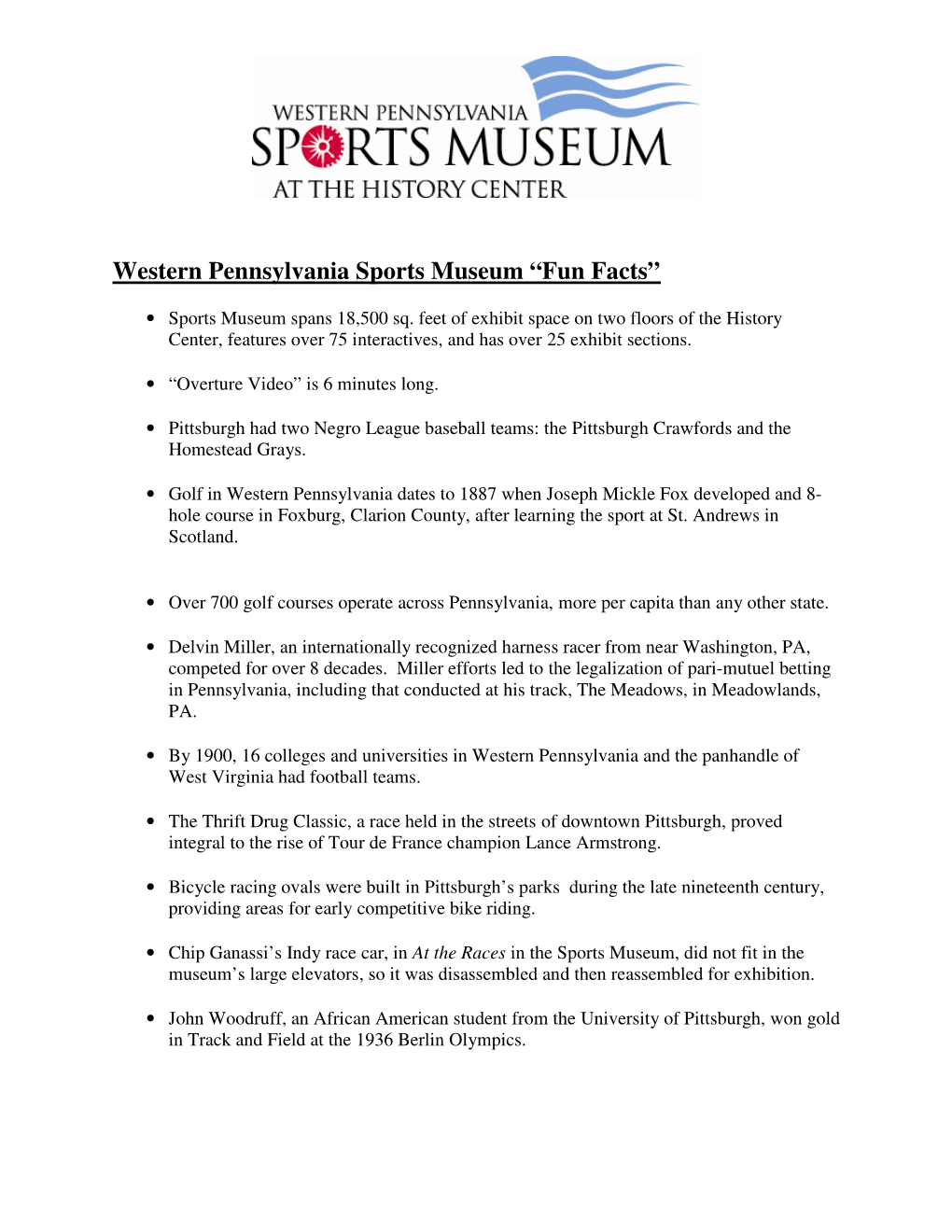 Western Pennsylvania Sports Museum “Fun Facts”