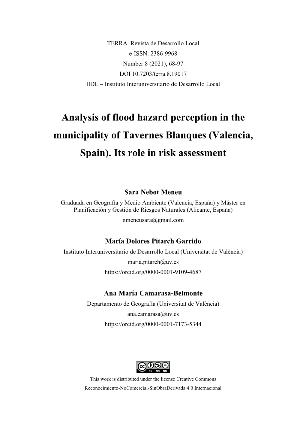 Analysis of Flood Hazard Perception in the Municipality of Tavernes Blanques (Valencia, Spain)