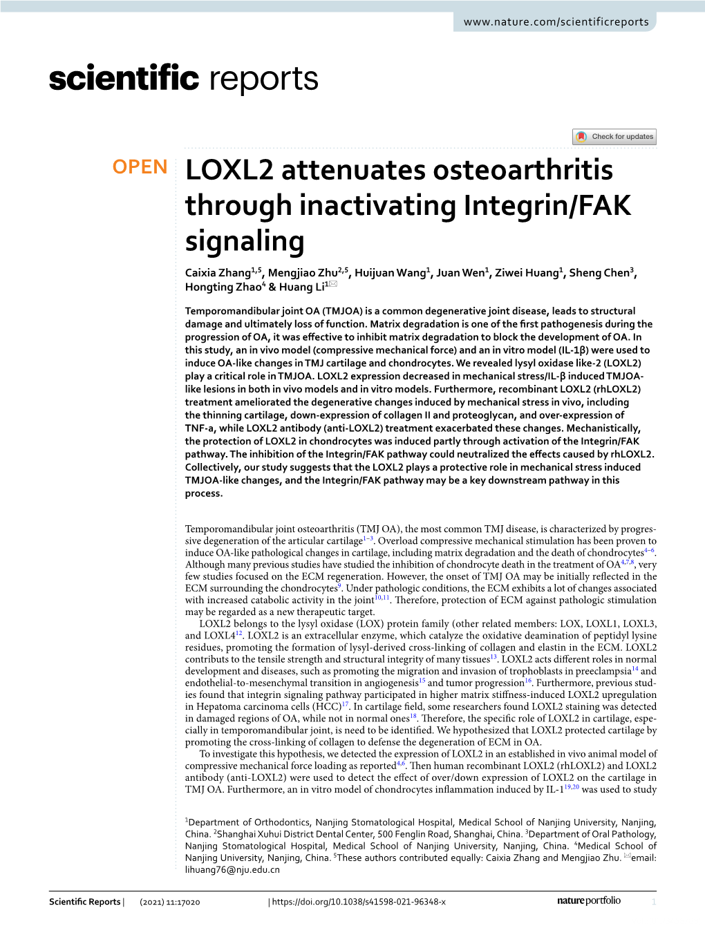 LOXL2 Attenuates Osteoarthritis Through Inactivating Integrin/FAK