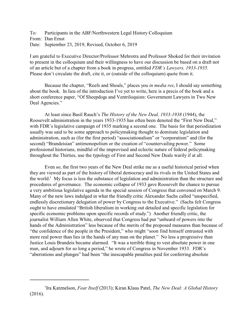 Participants in the ABF/Northwestern Legal History Colloquium From: Dan Ernst Date: September 23, 2019, Revised, October 6, 2019