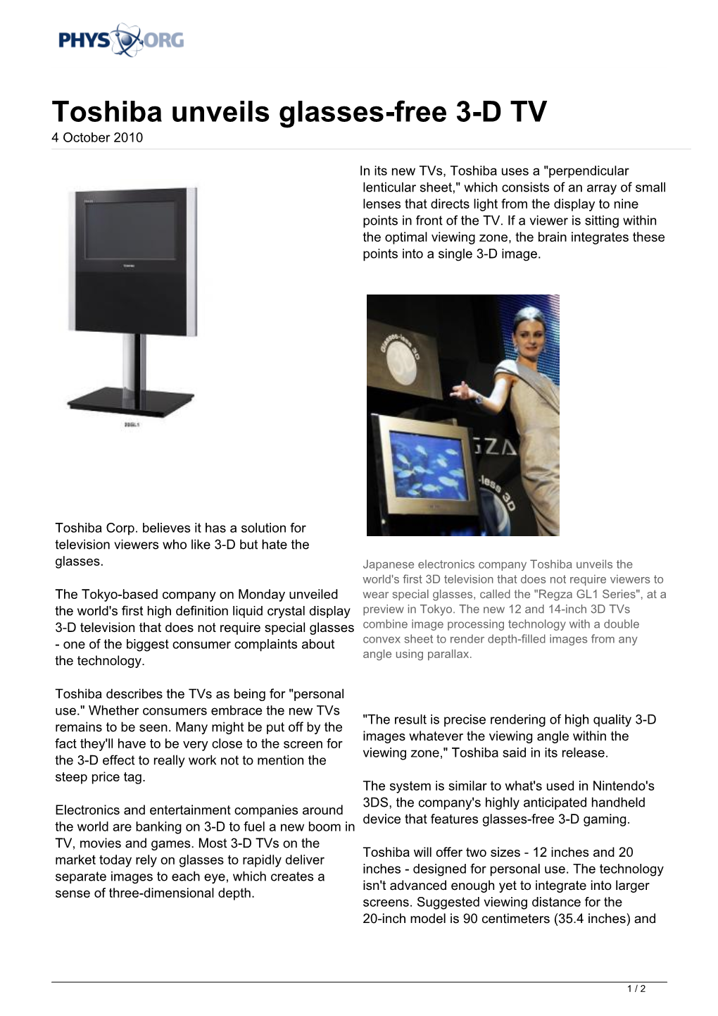Toshiba Unveils Glasses-Free 3-D TV 4 October 2010