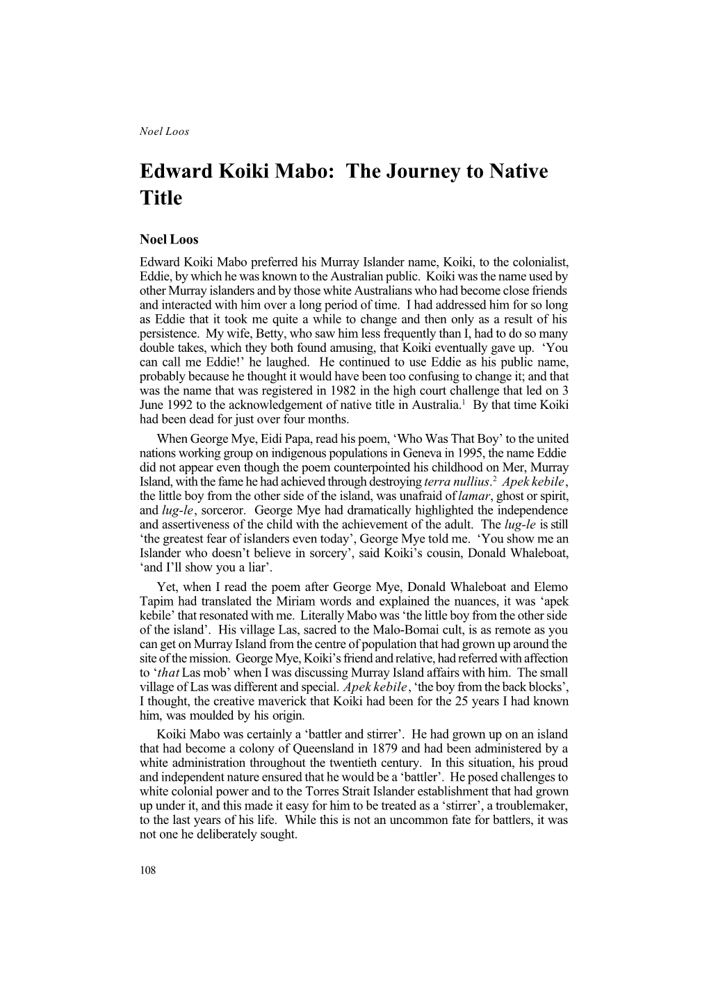 Edward Koiki Mabo: the Journey to Native Title
