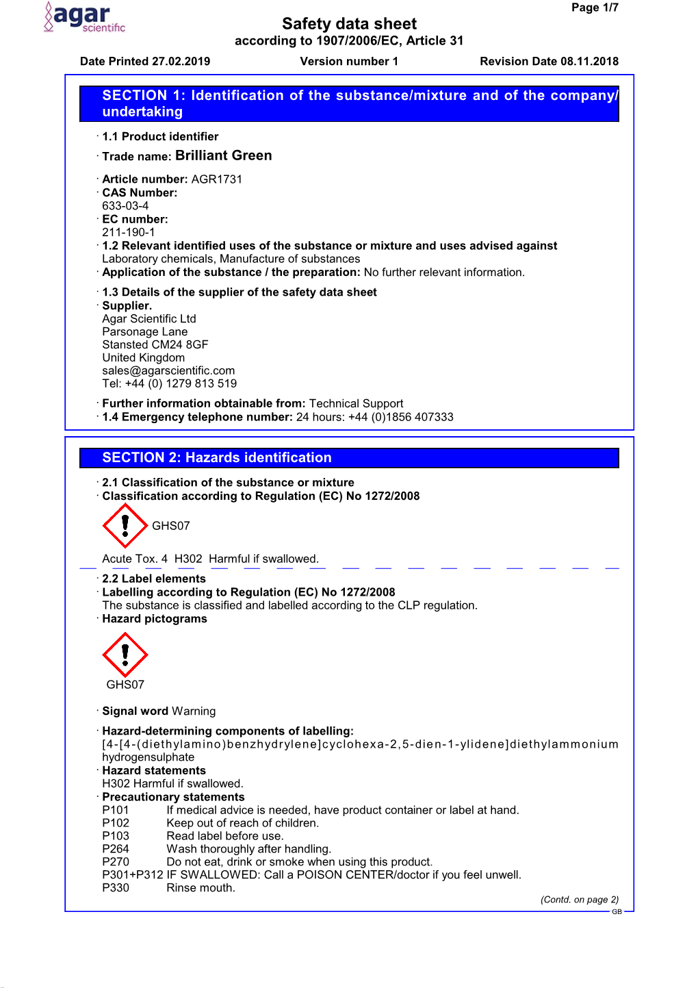 Safety Data Sheet According to 1907/2006/EC, Article 31 Date Printed 27.02.2019 Version Number 1 Revision Date 08.11.2018