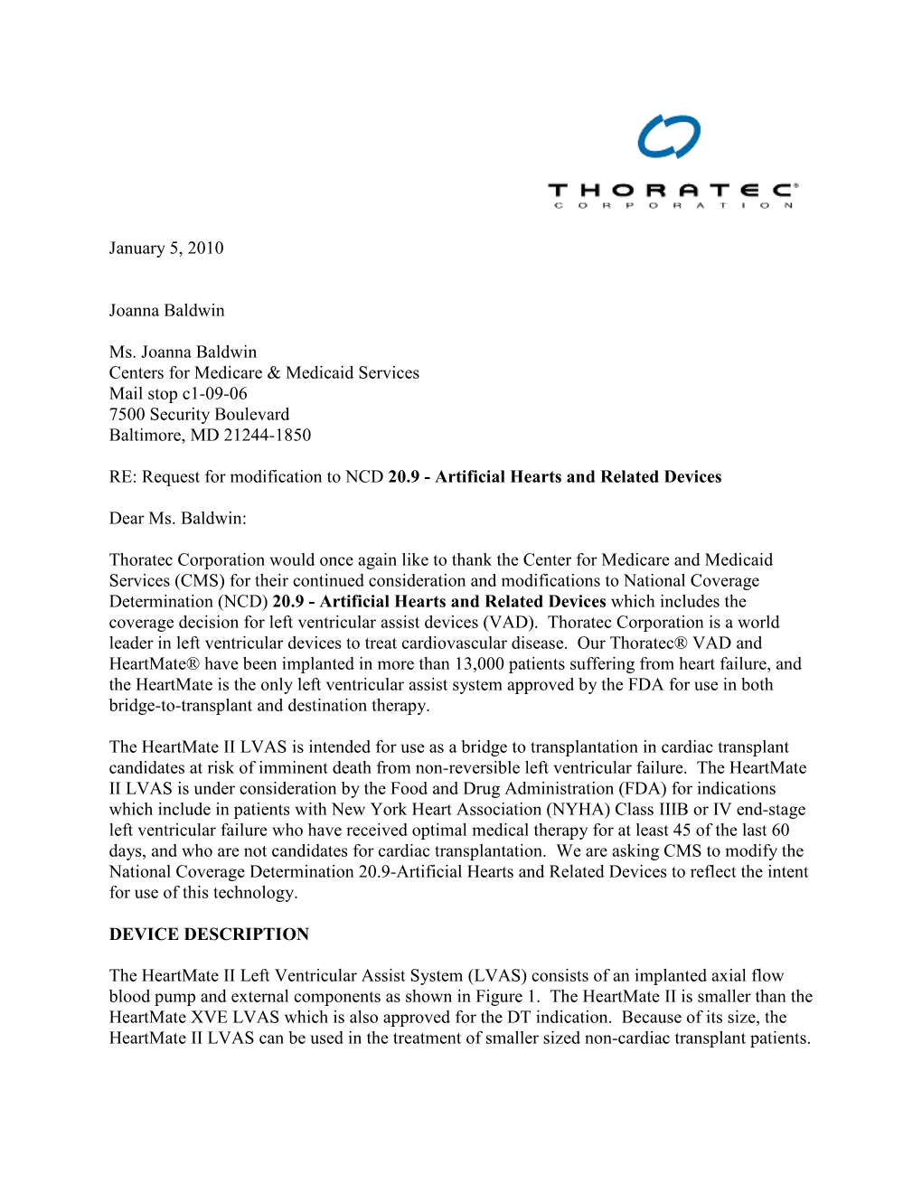 [Thoratec Letterhead