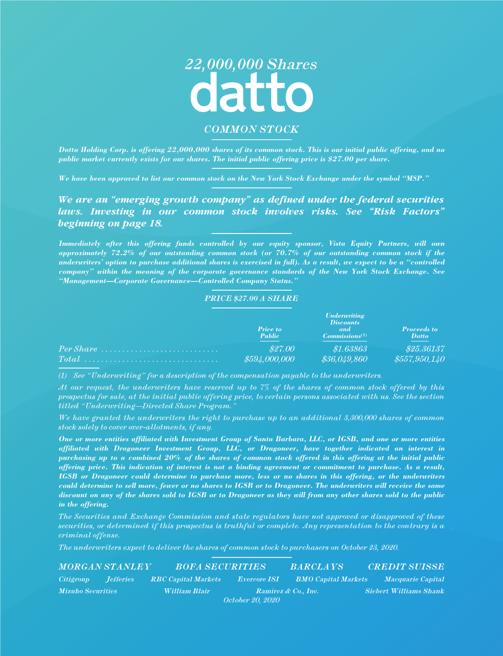 Datto Holding Corp. Is Offering 22,000,000 Shares of Its Common Stock