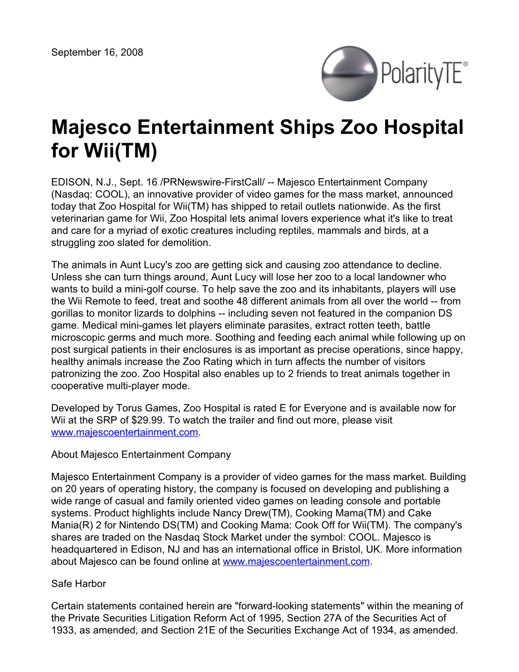 Majesco Entertainment Ships Zoo Hospital for Wii(TM)