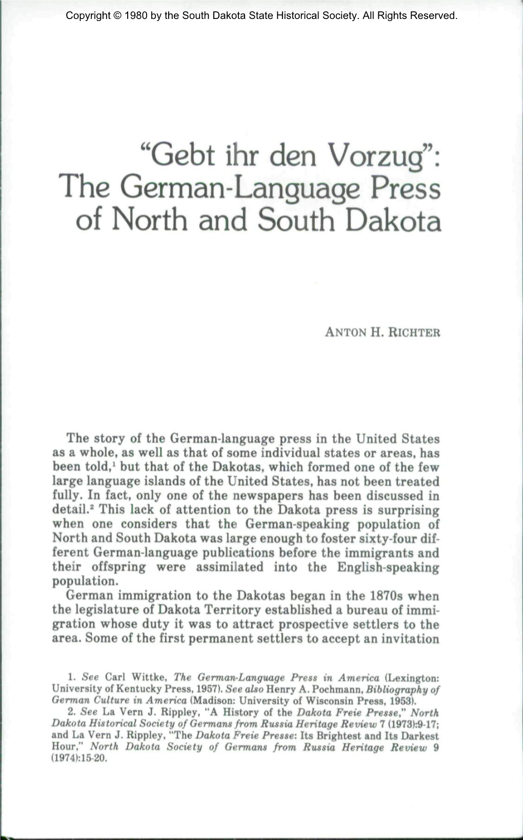 "Gebt Ihr Den Vorzug": the German-Language Press of North and South Dakota