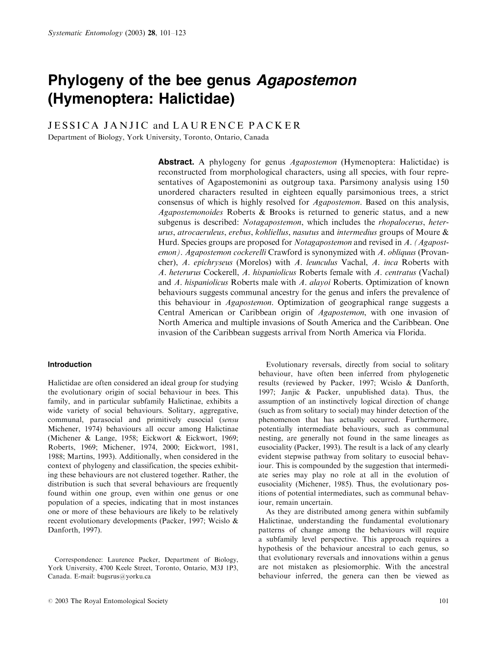 Phylogeny of the Bee Genus Agapostemon (Hymenoptera: Halictidae)