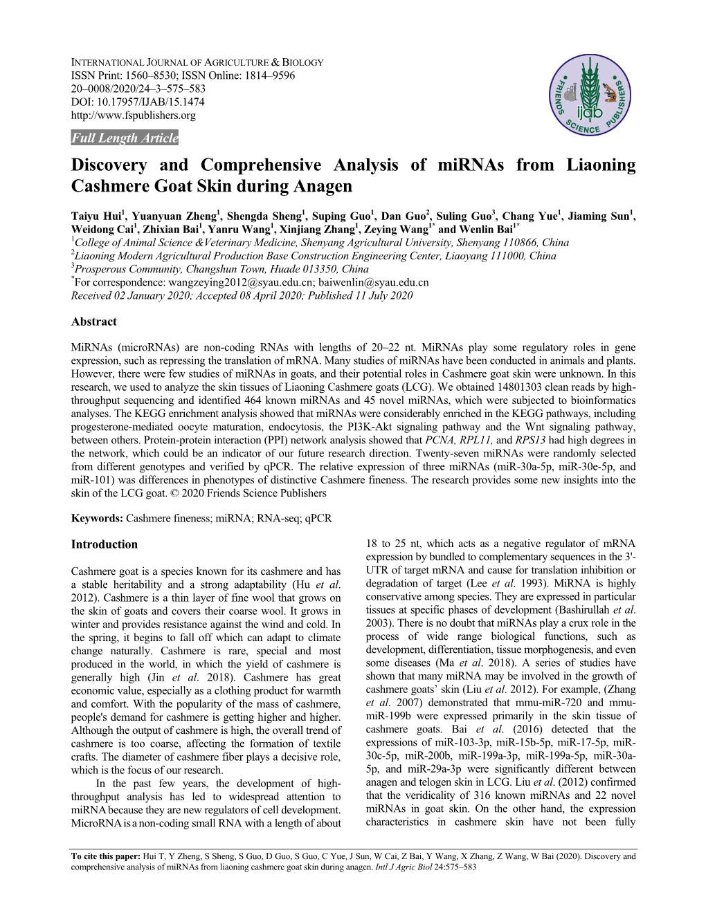 Discovery and Comprehensive Analysis of Mirnas from Liaoning Cashmere Goat Skin During Anagen