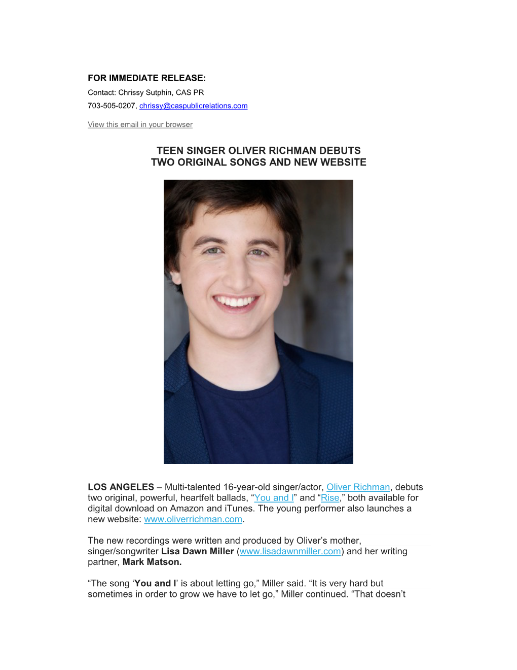 Teen Singer Oliver Richman Debuts Two Original Songs and New Website