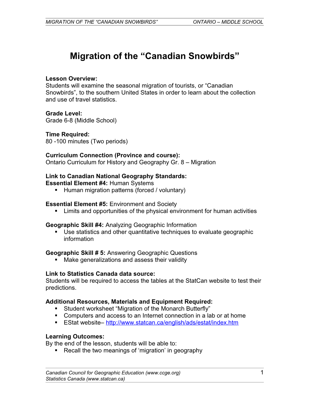 Migration of the Canadian Snowbirds Ontario Middle School