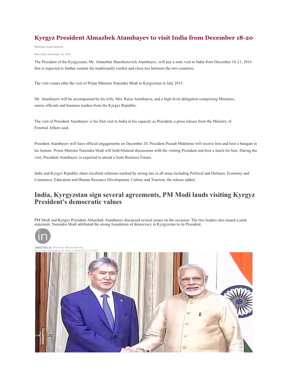 India, Kyrgyzstan Sign Several Agreements, PM Modi Lauds Visiting Kyrgyz President's Democratic Values
