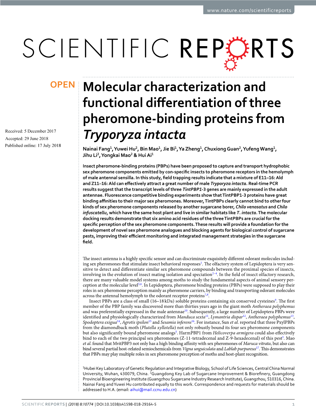 Molecular Characterization and Functional Differentiation of Three Pheromone-Binding Proteins from Tryporyza Intacta