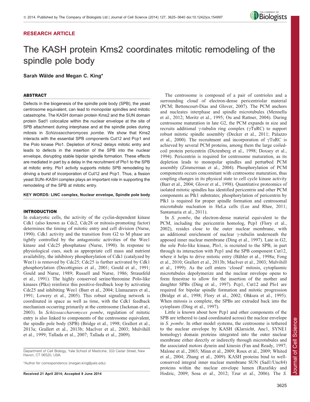 The KASH Protein Kms2 Coordinates Mitotic Remodeling of the Spindle