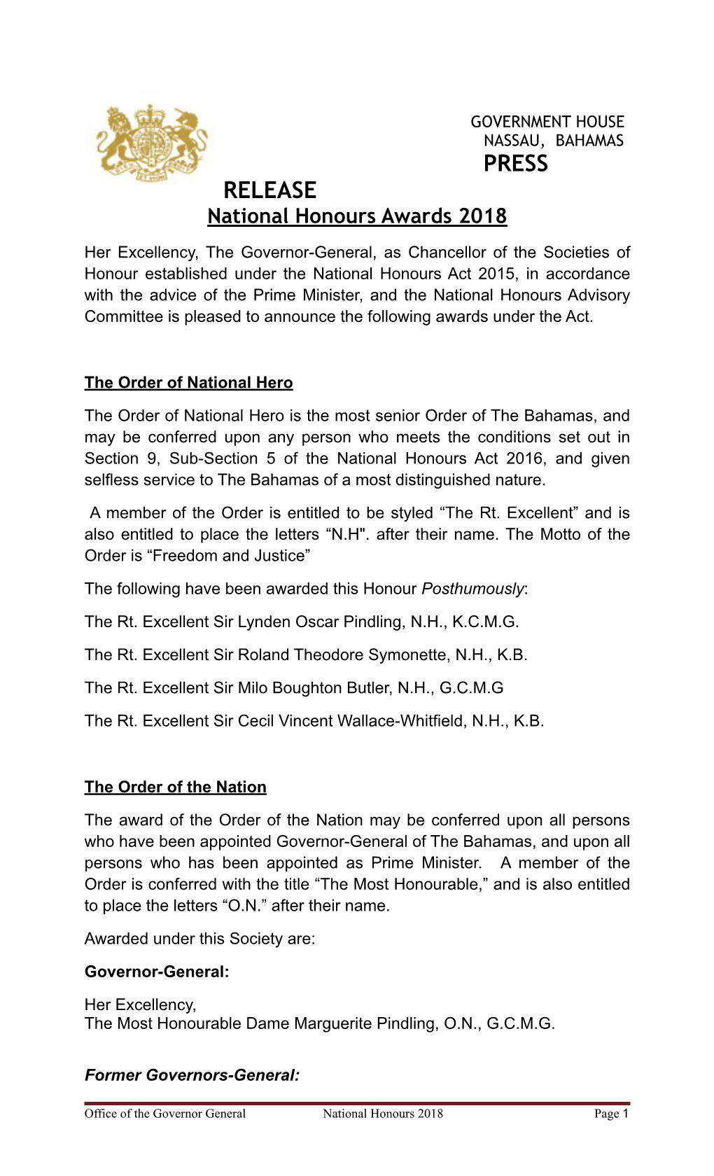 National Honours 2018 Page 1 the Most Honourable Sir Orville Turnquest, O.N., G.C.M.G