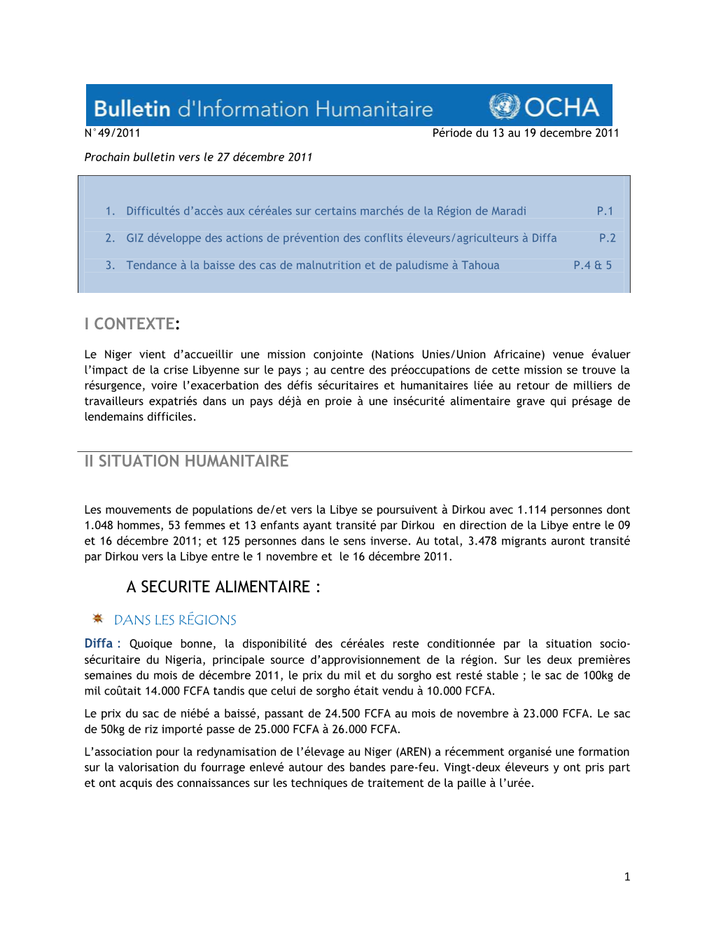 Ii Situation Humanitaire a Securite Alimentaire