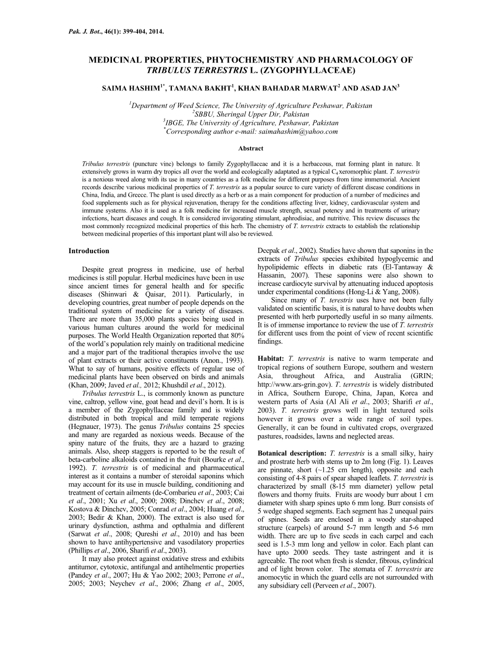 Medicinal Properties, Phytochemistry and Pharmacology of Tribulus Terrestris L