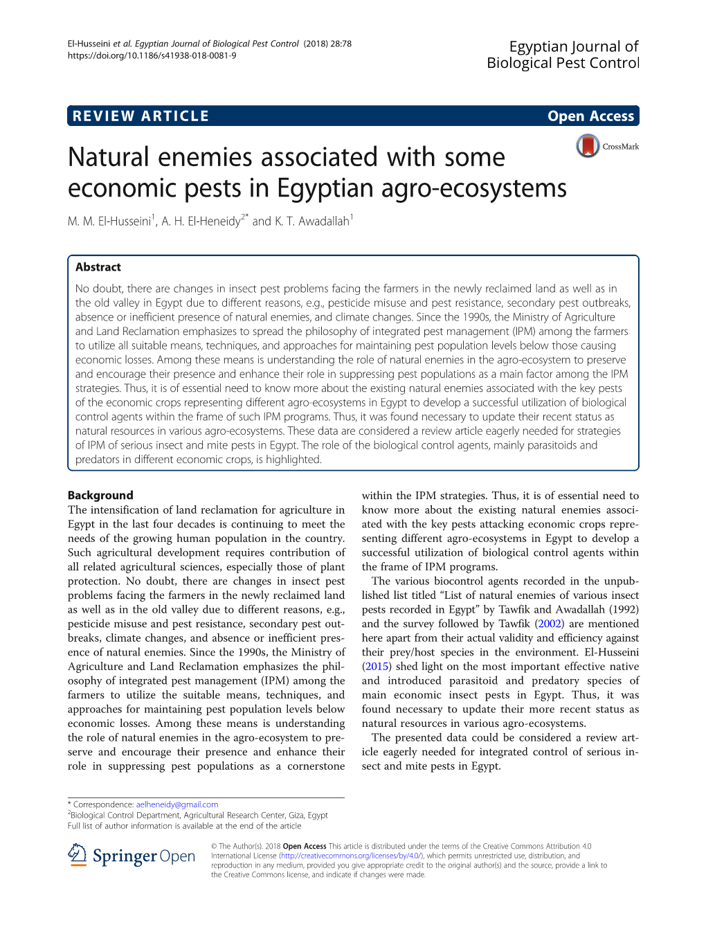Natural Enemies Associated with Some Economic Pests in Egyptian Agro-Ecosystems M