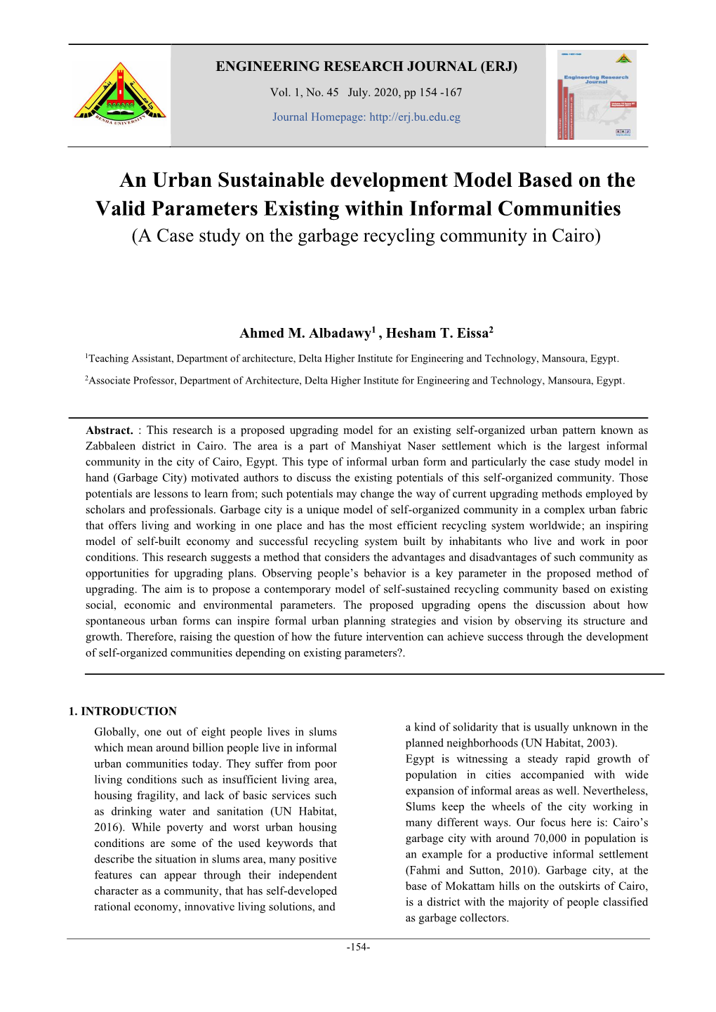 An Urban Sustainable Development Model Based on the Valid Parameters Existing Within Informal Communities (A Case Study on the Garbage Recycling Community in Cairo)