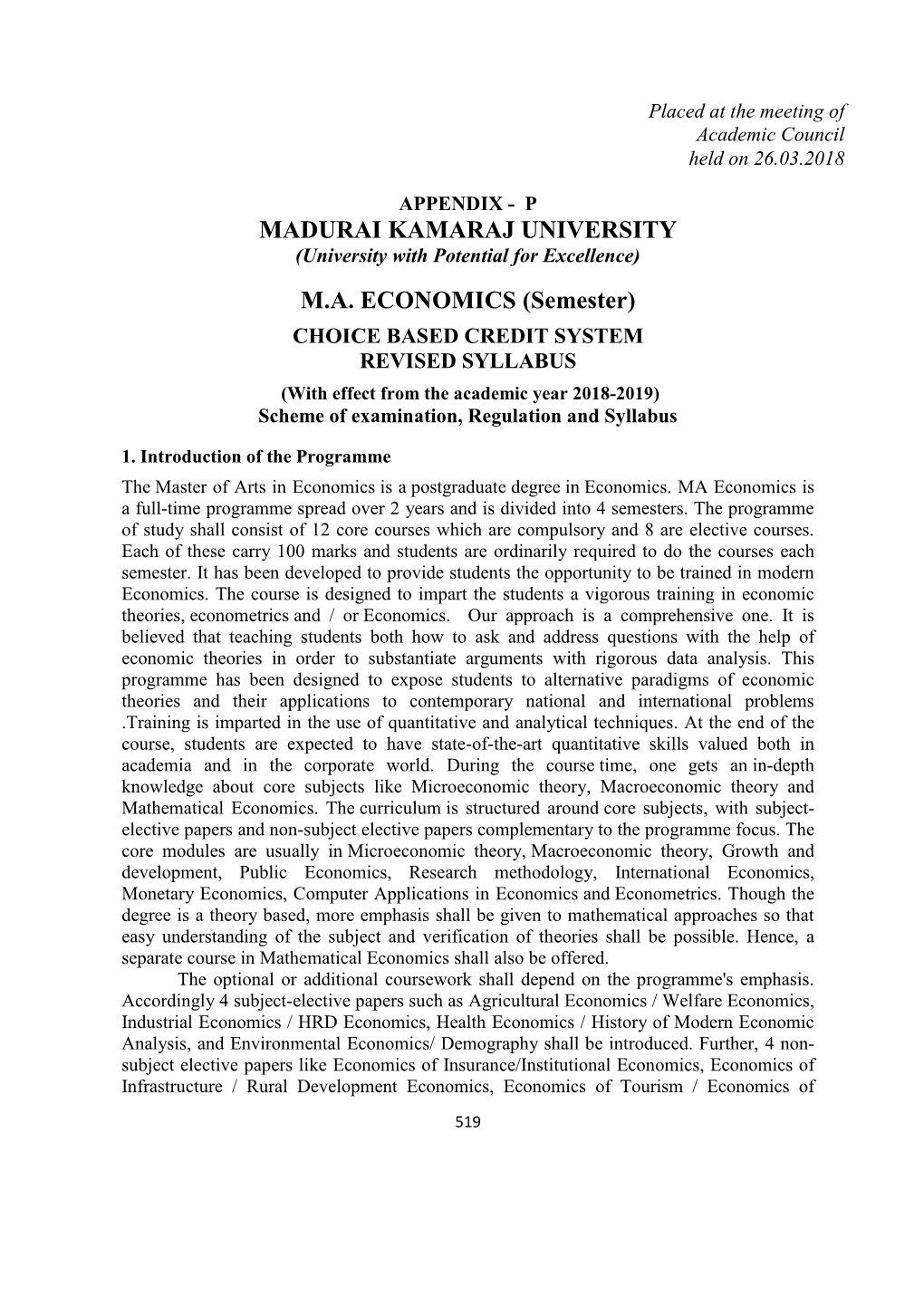 MADURAI KAMARAJ UNIVERSITY M.A. ECONOMICS (Semester)