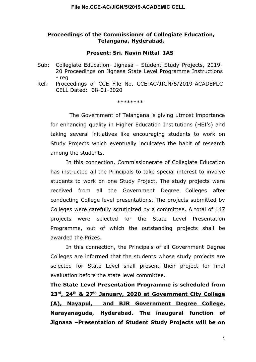 Proceedings of the Commissioner of Collegiate Education, Telangana, Hyderabad