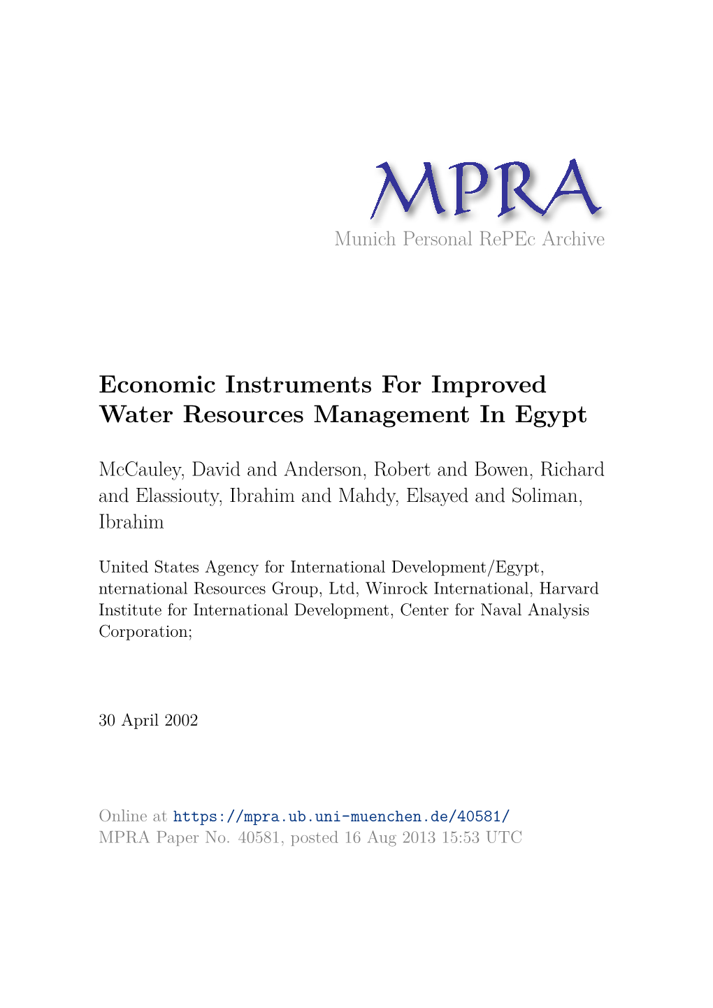 Economic Instruments for Improved Water Resources Management in Egypt