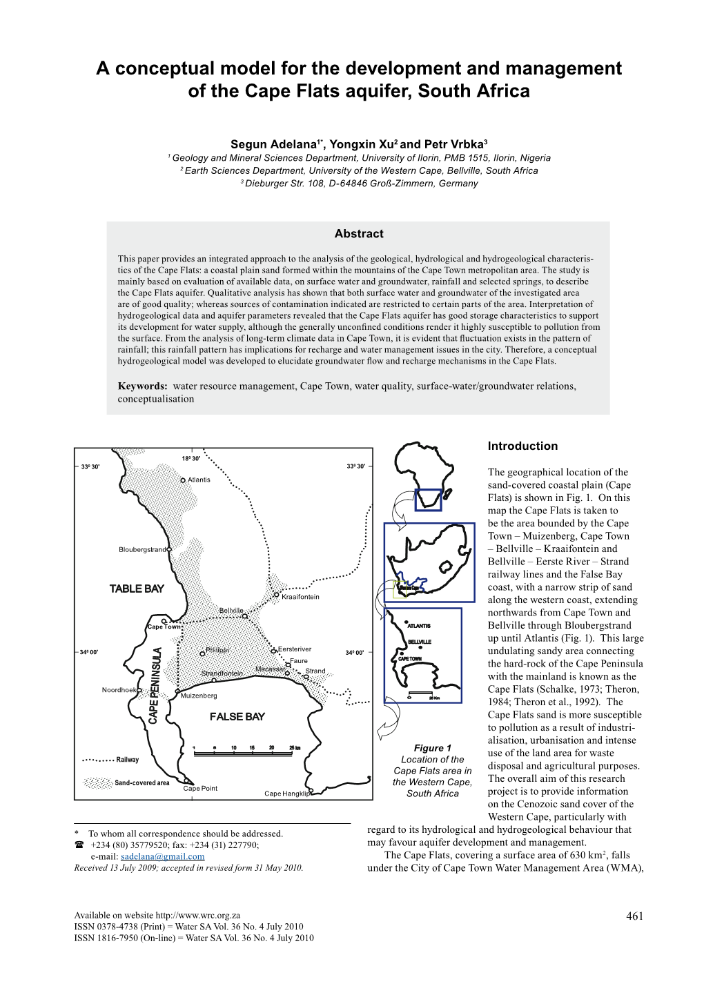 A Conceptual Model for the Development and Management of the Cape Flats Aquifer, South Africa