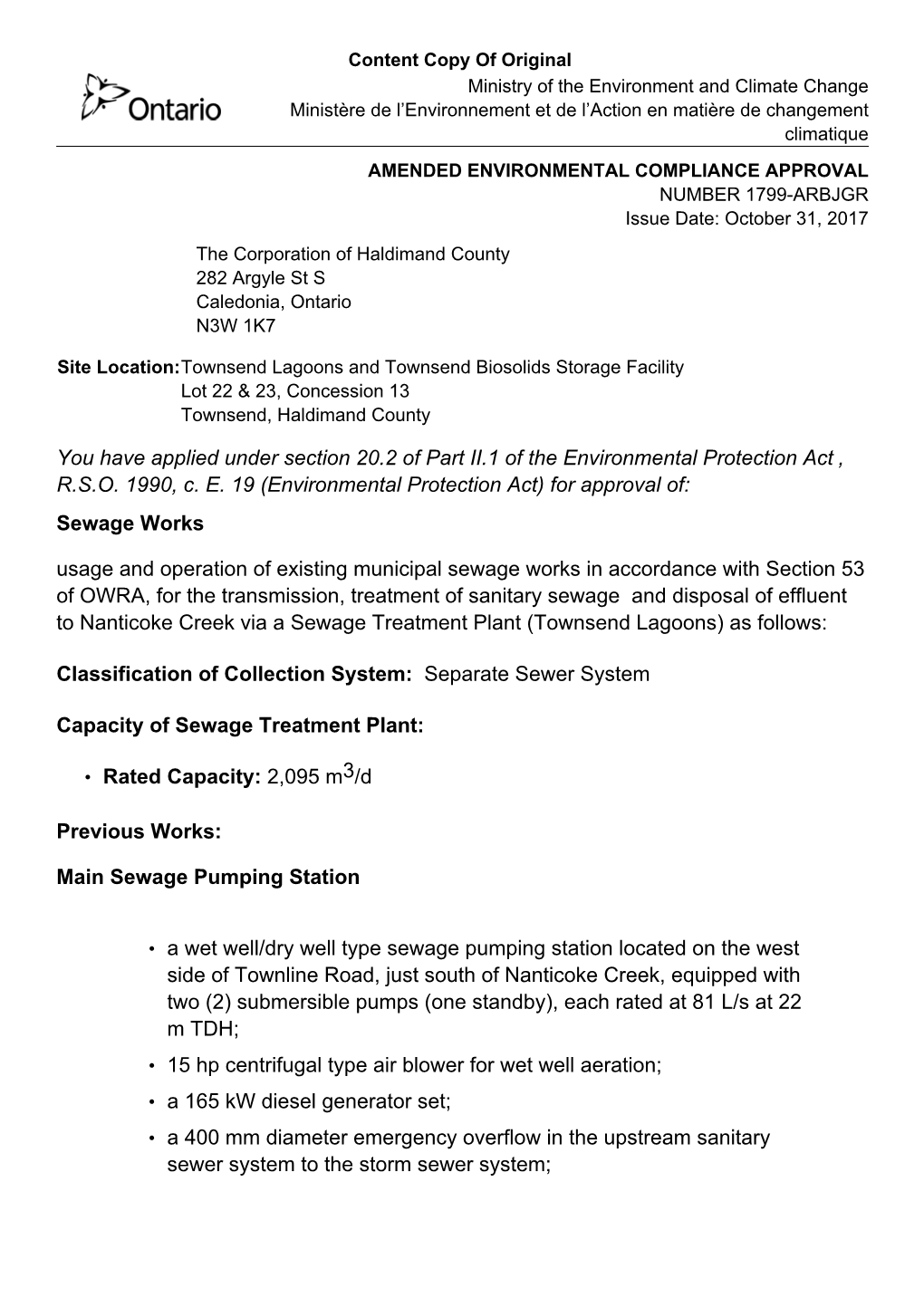 Amended Environmental Compliance Approval 1799