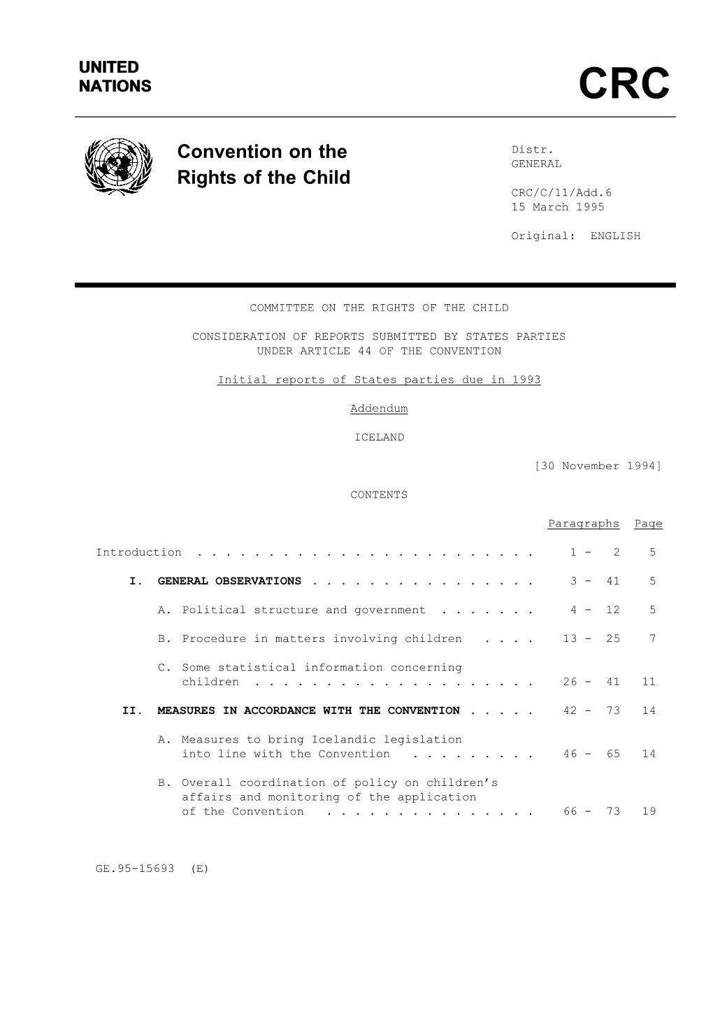 Convention on the Rights of the Child, of 20 November 1989, with a Reservation Regarding Ratification