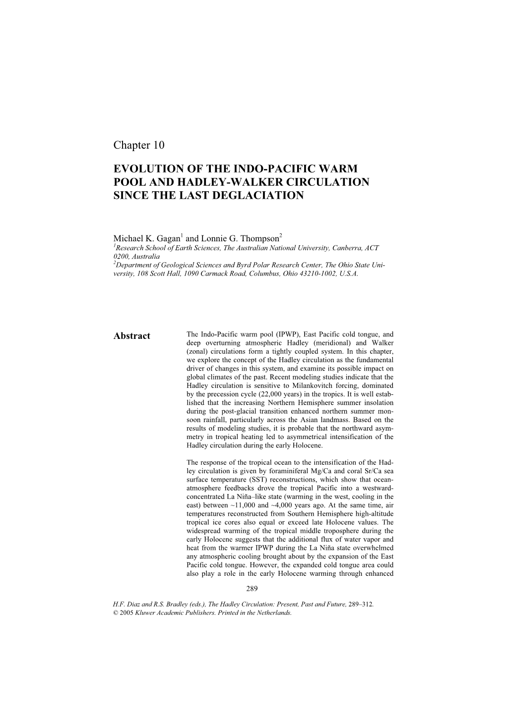 Chapter 10 EVOLUTION of the INDO-PACIFIC WARM POOL AND