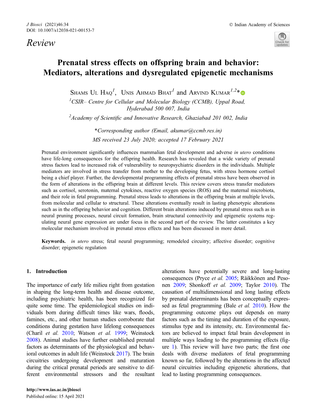 Prenatal Stress Effects on Offspring Brain and Behavior: Mediators, Alterations and Dysregulated Epigenetic Mechanisms