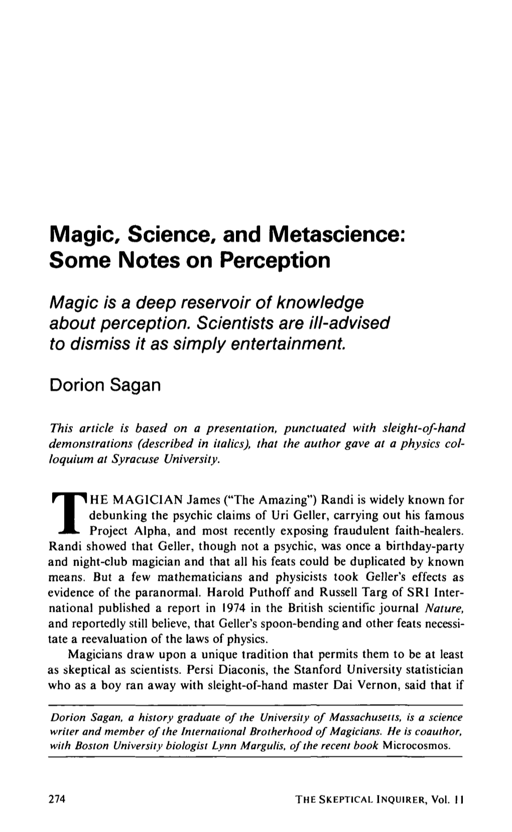 Magic, Science, and Metascience: Some Notes on Perception