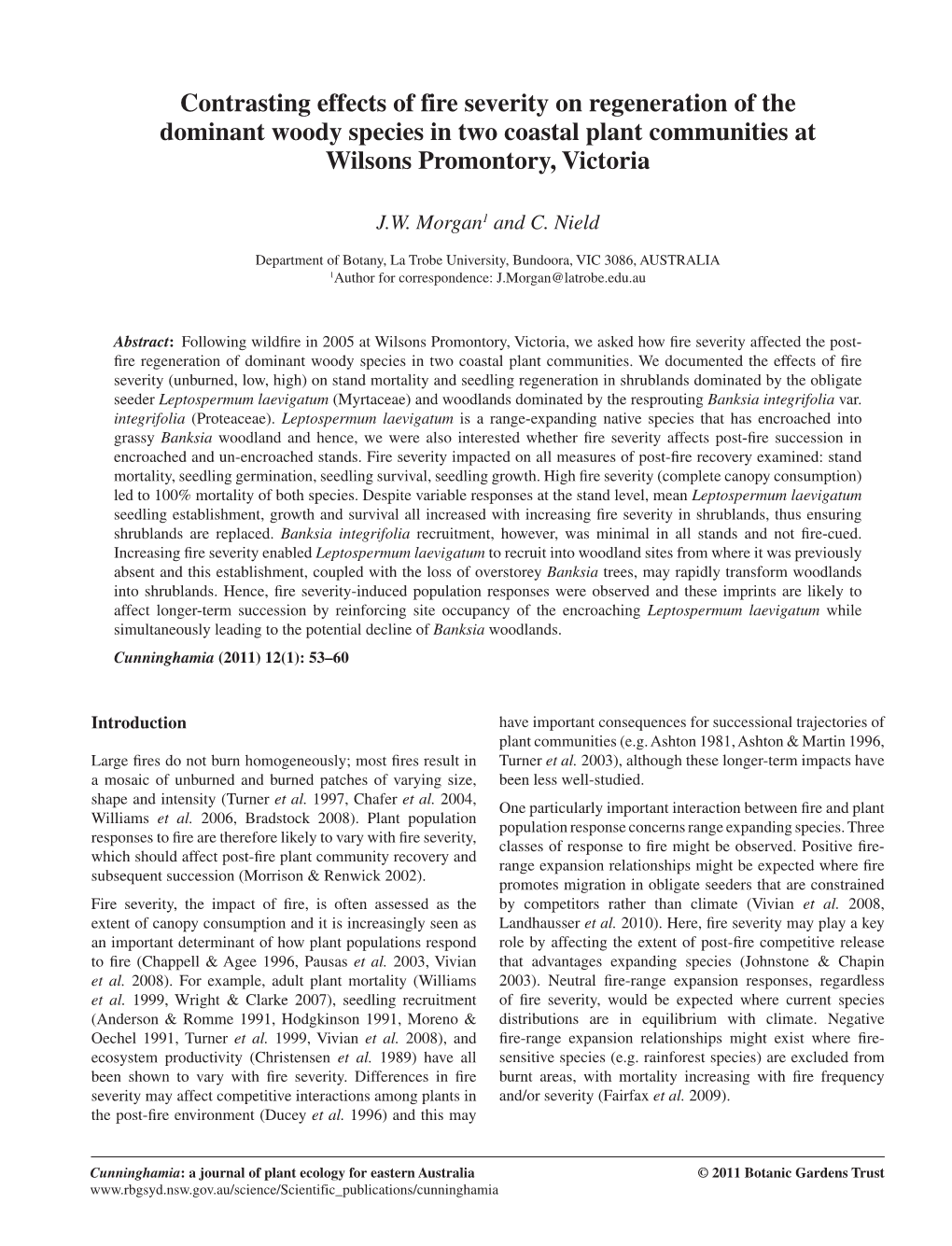 Contrasting Effects of Fire Severity on Regeneration of the Dominant Woody Species in Two Coastal Plant Communities at Wilsons Promontory, Victoria