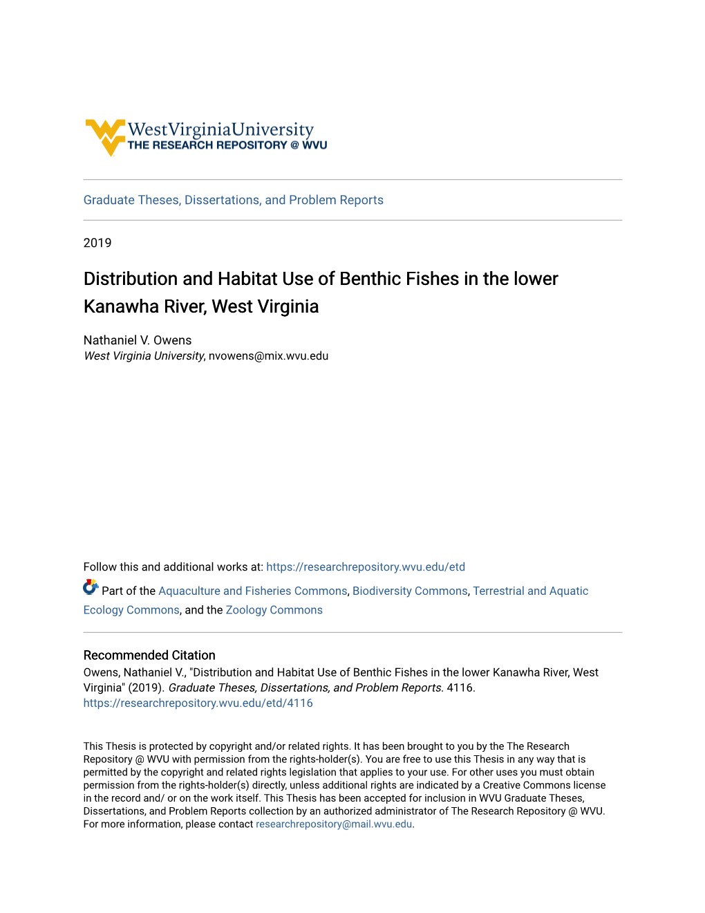 Distribution and Habitat Use of Benthic Fishes in the Lower Kanawha River, West Virginia