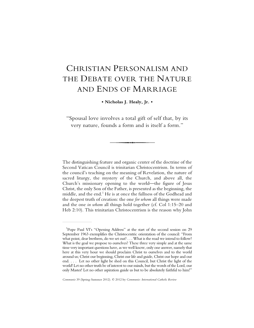Christian Personalism and the Debate Over the Nature and Ends of Marriage
