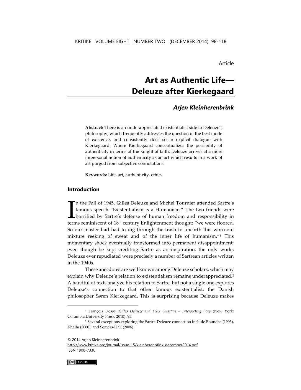 Art As Authentic Life— Deleuze After Kierkegaard