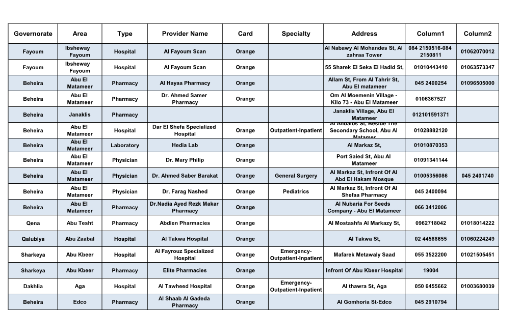 Governorate Area Type Provider Name Card Specialty Address Column1 Column2