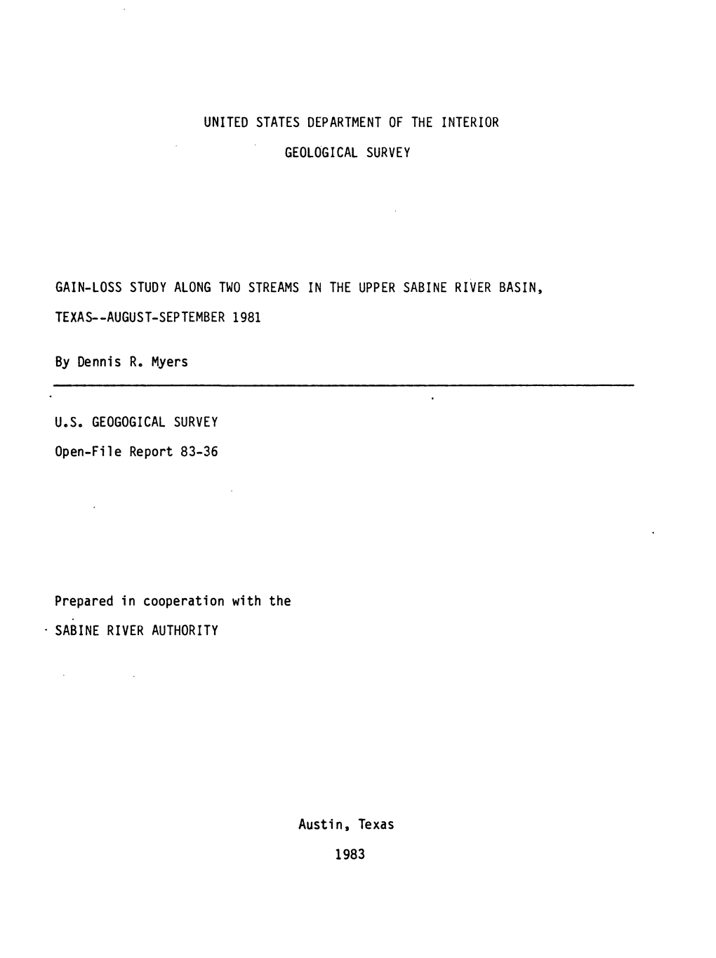 Gain-Loss Study Along Two Streams in the Upper Sabine River Basin, Texas August-September 1981