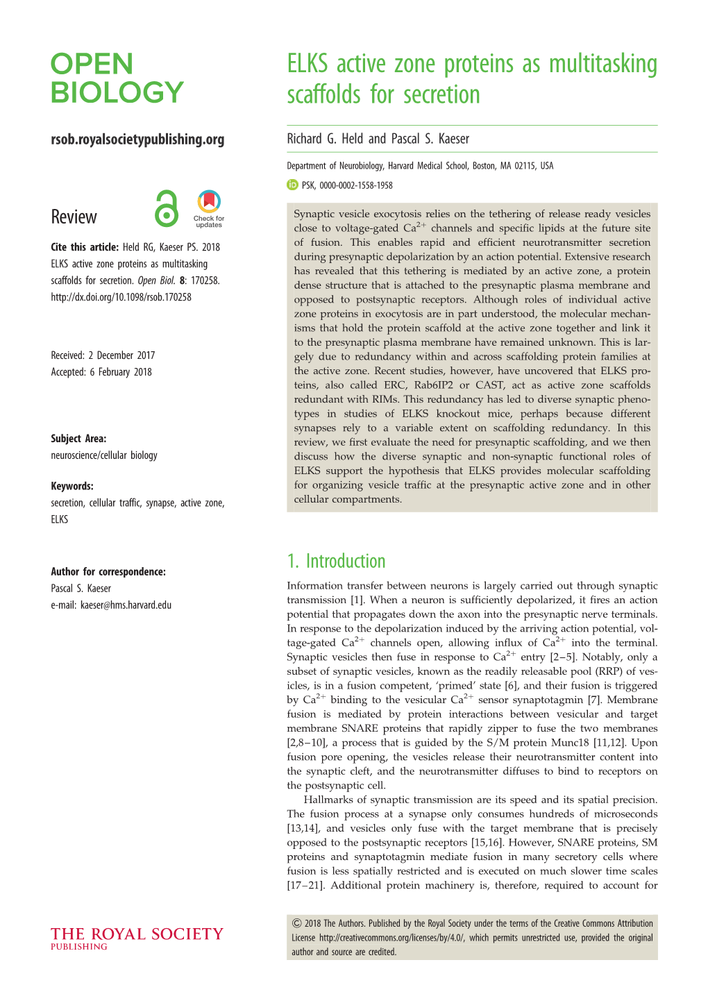 ELKS Active Zone Proteins As Multitasking Scaffolds for Secretion Rsob.Royalsocietypublishing.Org Richard G