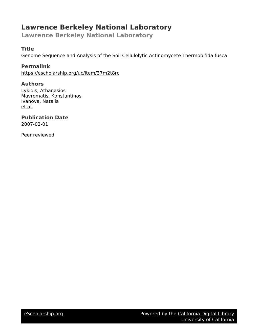 Genome Sequence and Analysis of the Soil Cellulolytic Actinomycete Thermobifida Fusca