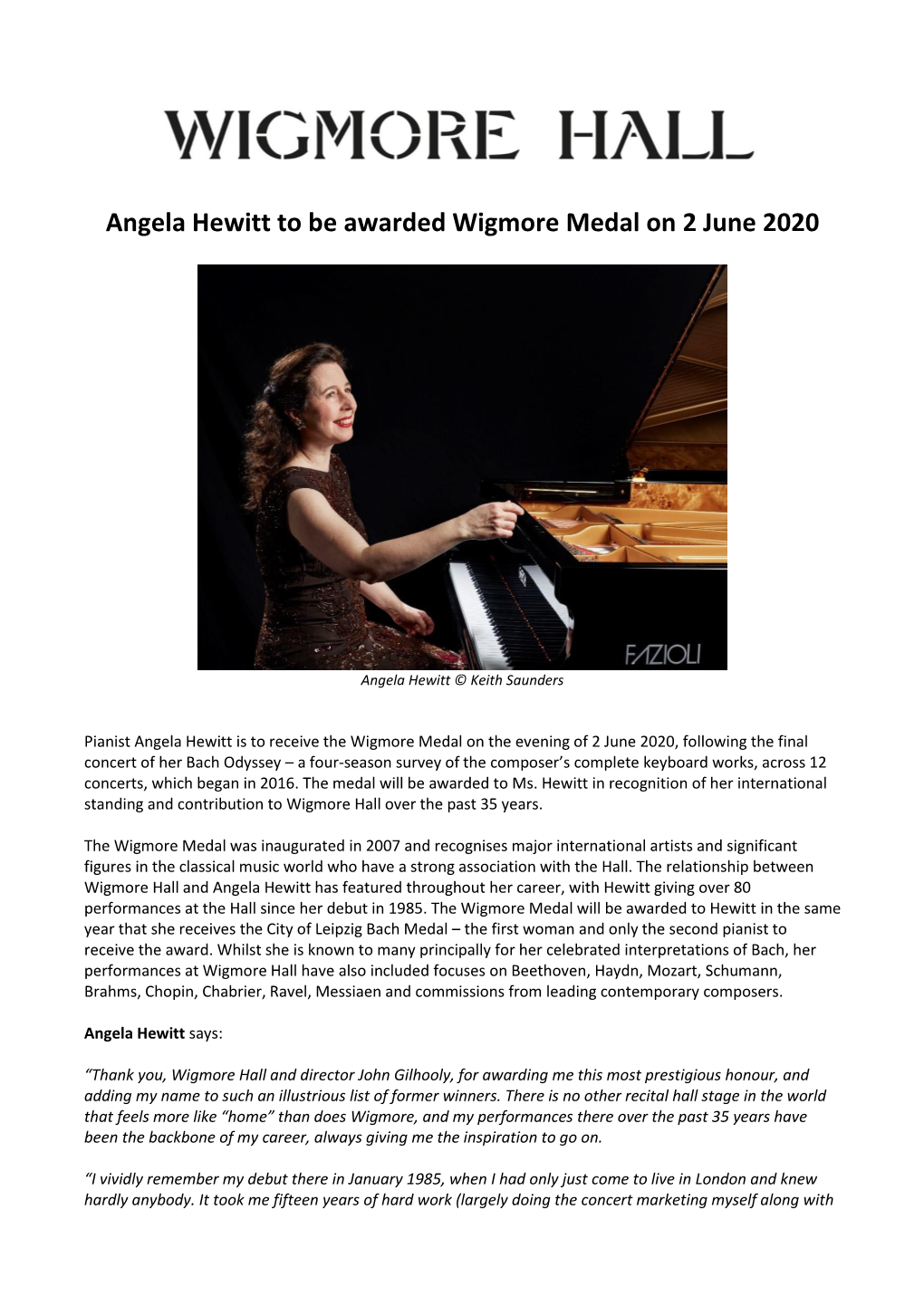 Angela Hewitt to Be Awarded Wigmore Medal on 2 June 2020