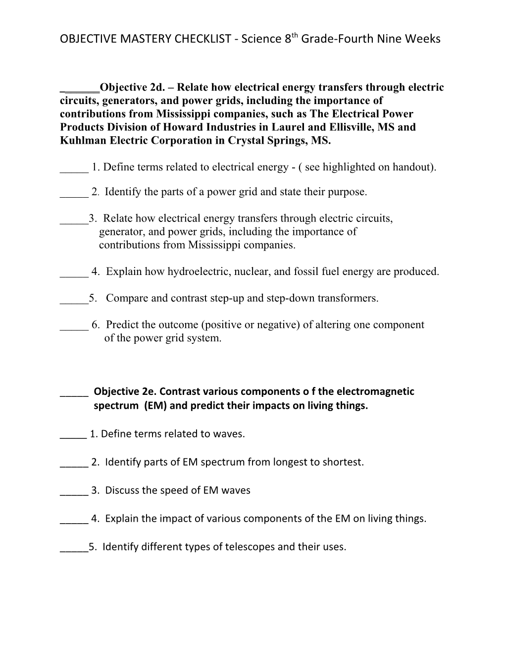 OBJECTIVE MASTERY CHECKLIST - Science 8Th Grade-Fourth Nine Weeks