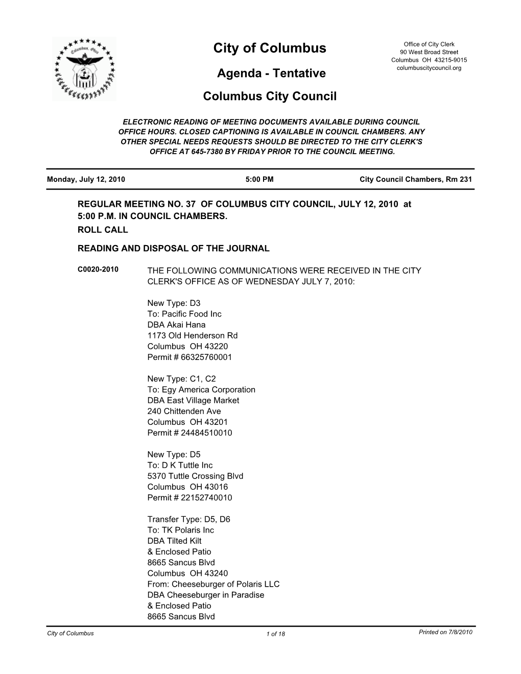 City of Columbus 90 West Broad Street Columbus OH 43215-9015 Agenda - Tentative Columbuscitycouncil.Org Columbus City Council