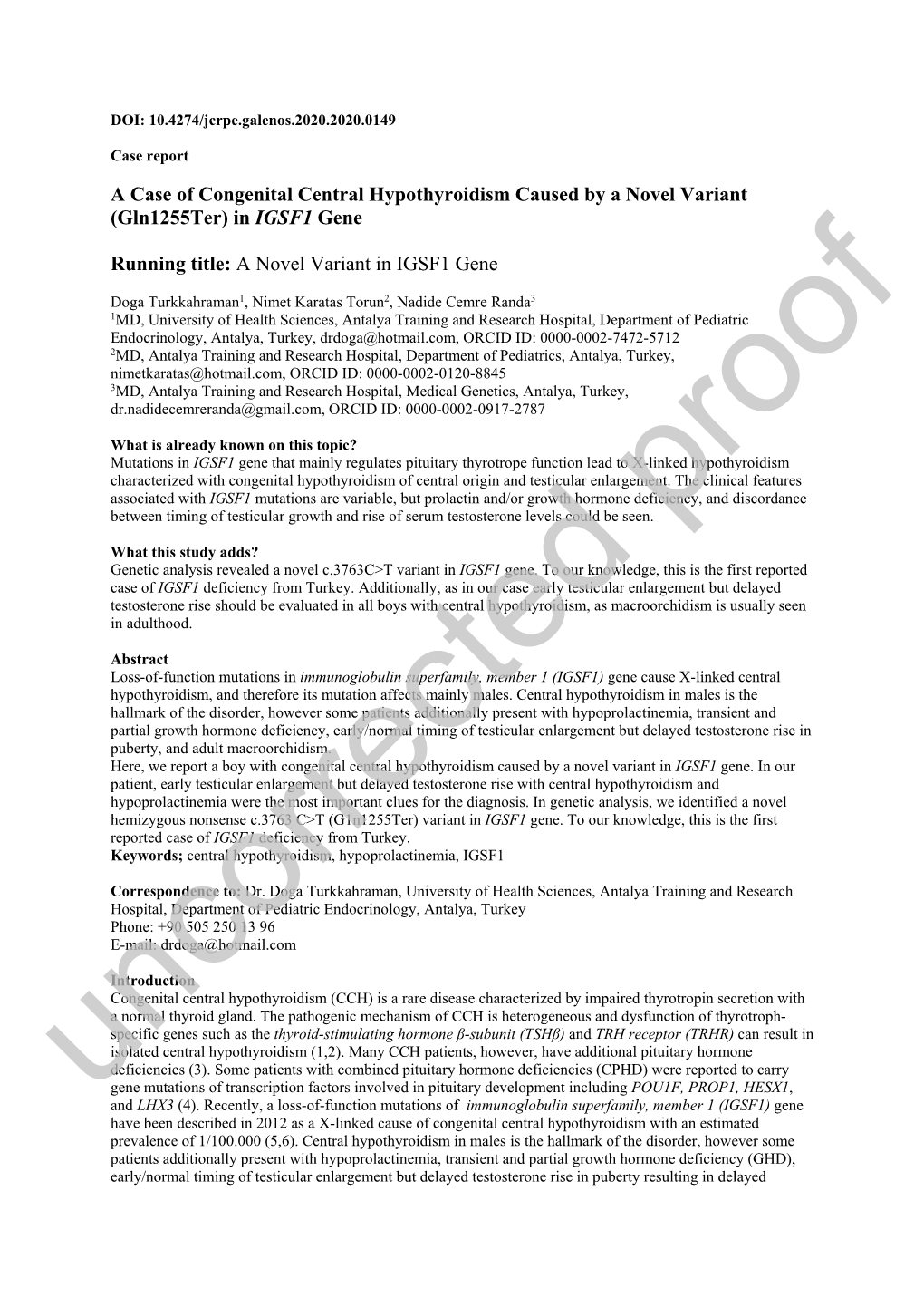 In IGSF1 Gene Running Title: a Novel Variant