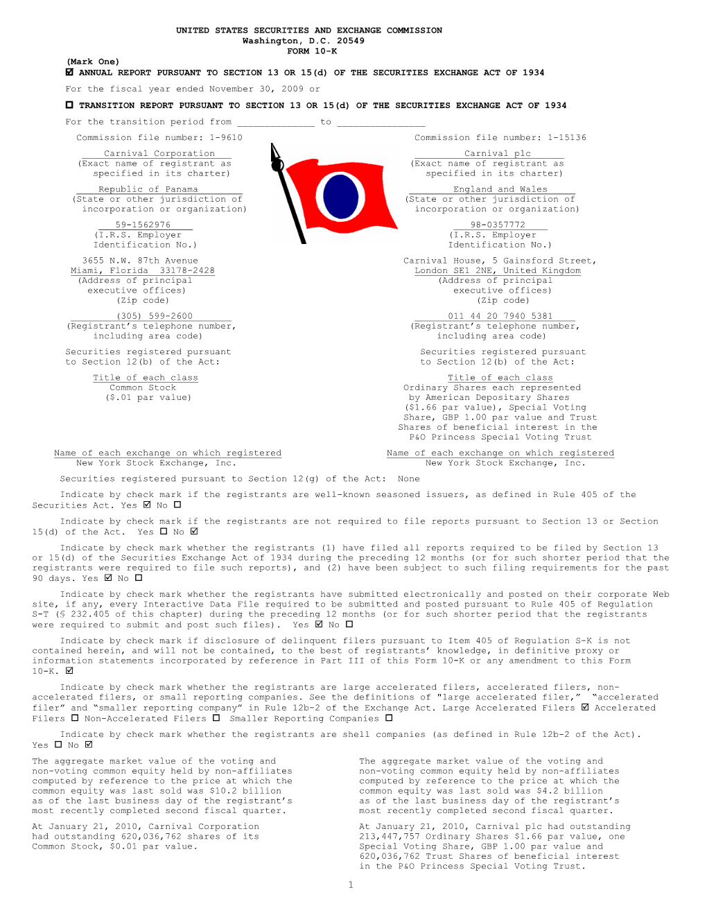 Carnival Corporation & Plc 2009 Annual Report on Form 10-K